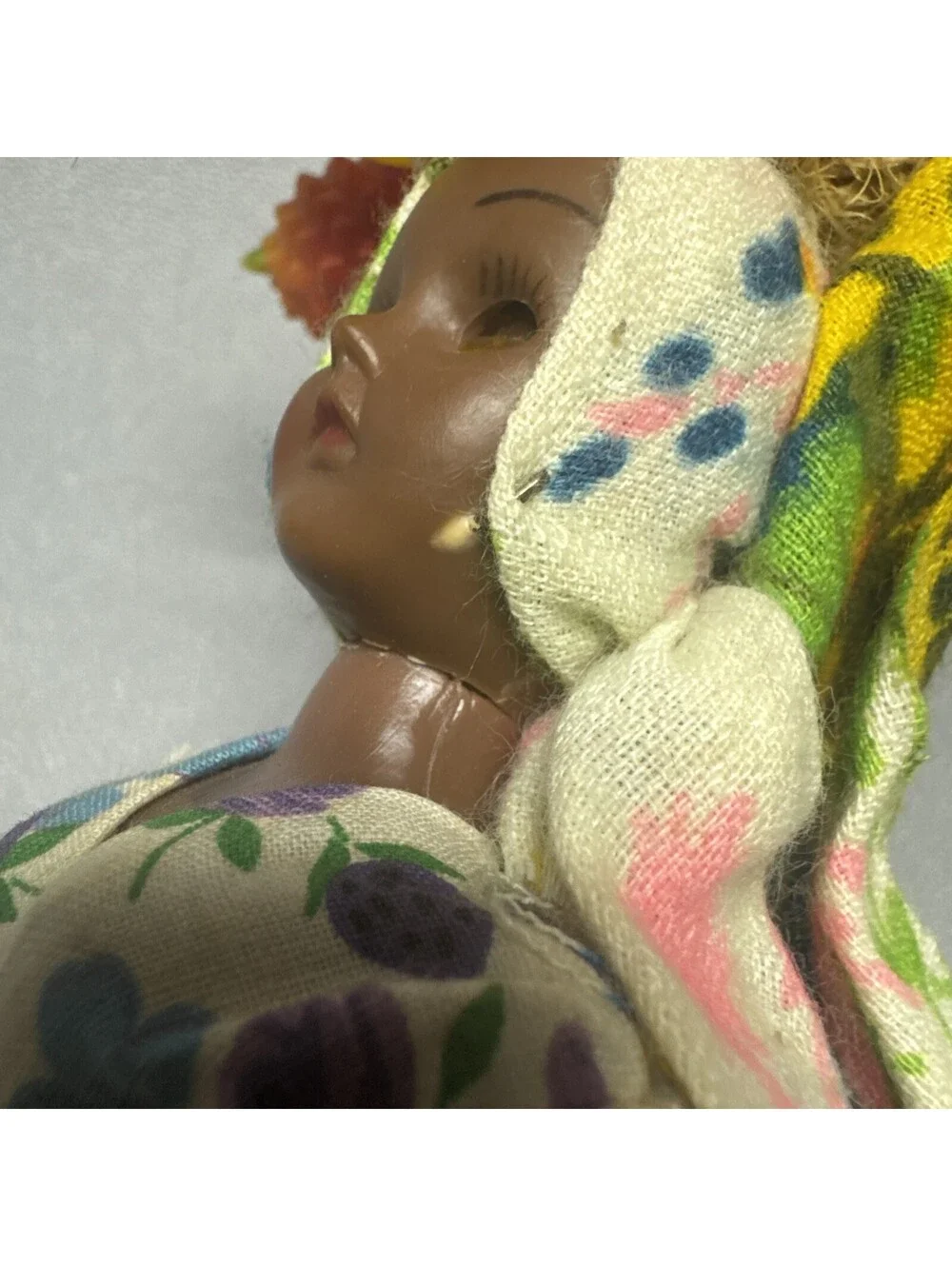 Vtg 70s Carribean Island Doll Tropical Fruit Hat Souvenir Black Sleepy Eyes 10”